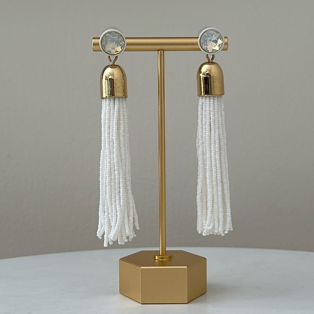 J. Crew White Beaded Tassel Earrings